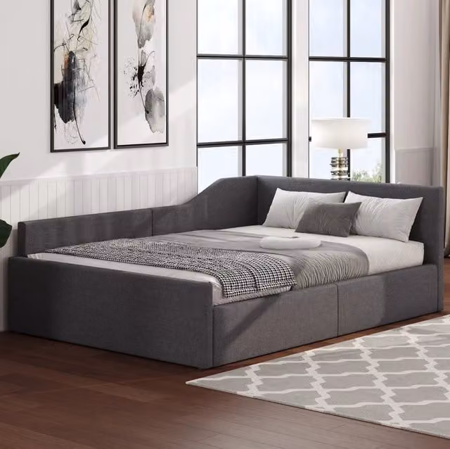 Divano letto 140x200 cm con contenitore; schienale imbottito; in MDF e compensato grigio