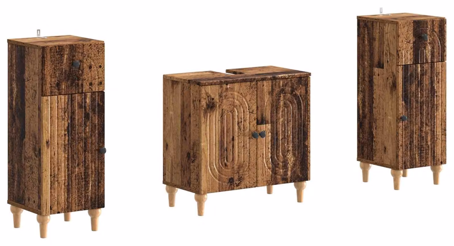 Set di due mobili da bagno ALKMAAR, realizzati in legno massello e materiale composito, effetto legno anticato
