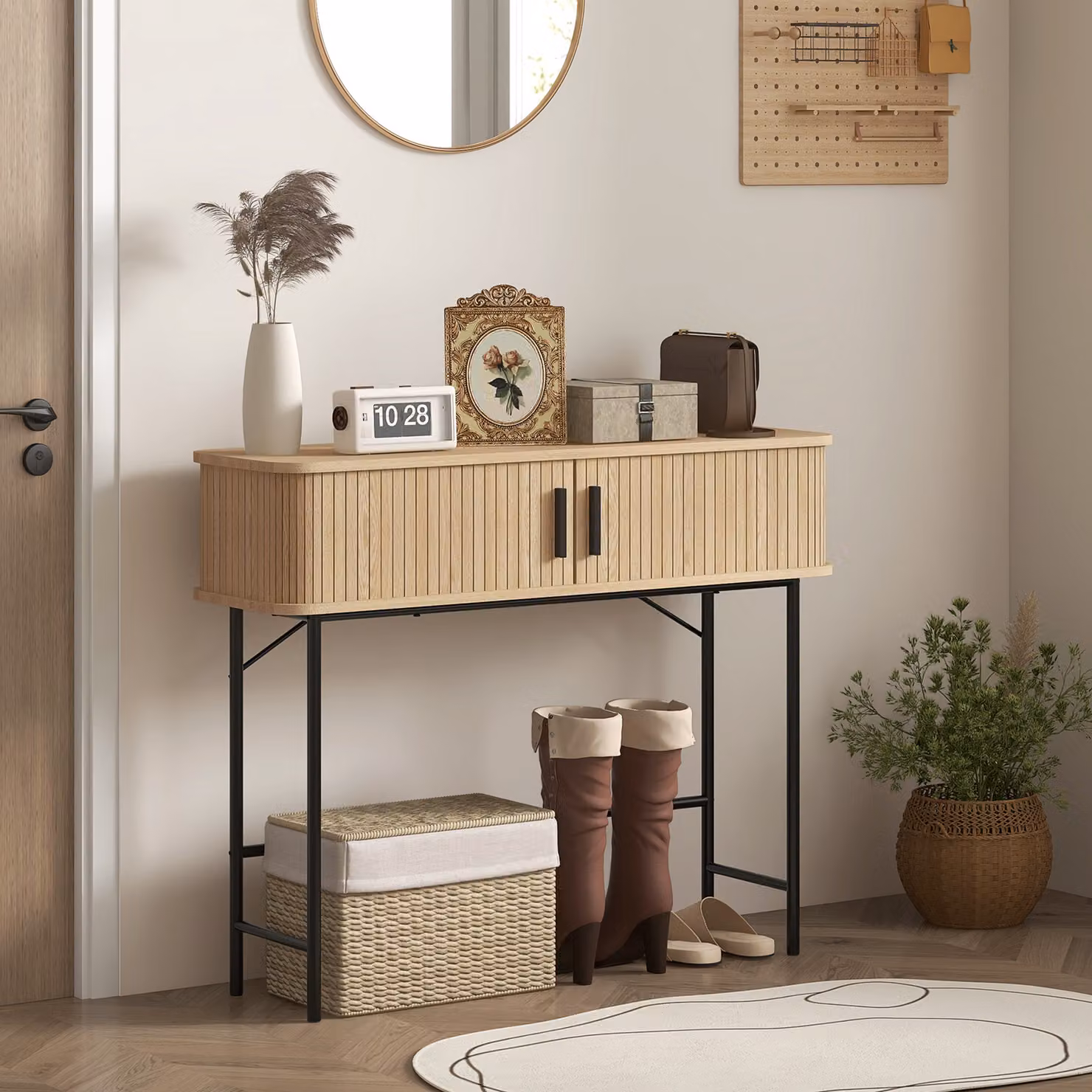 Consolle da ingresso HOMCOM con scomparti e ante scorrevoli in rovere, L 100 x P 30 x H 80 cm – 2