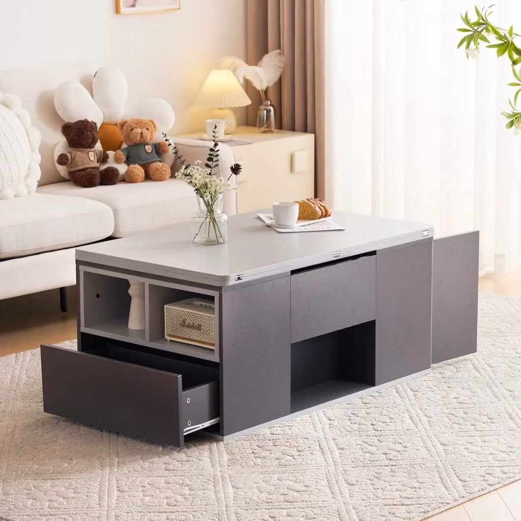 Tavolino da caffè saliscendi REDOM moderno in MDF laminato opaco, L/P/H: 100 x 54,5 x 47 cm, Grigio e Bianco – 2