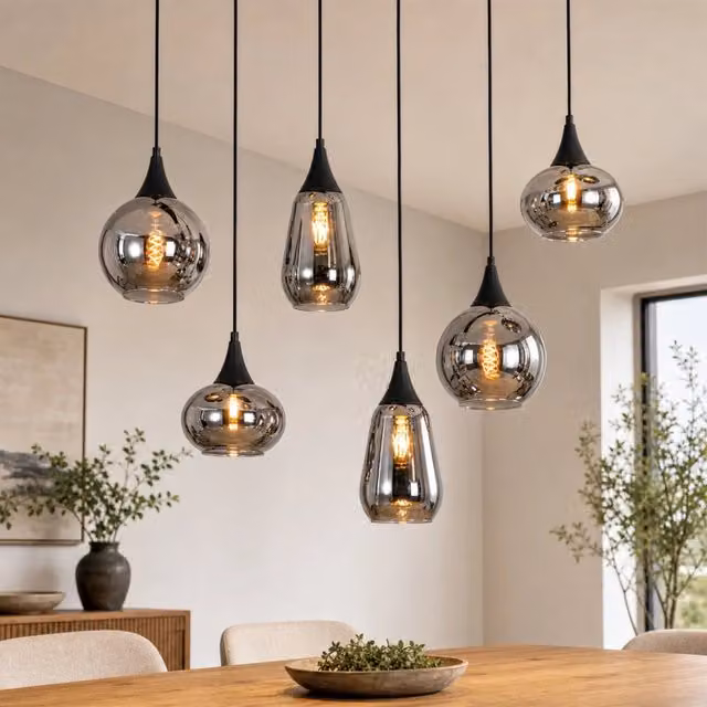 ZMH Lampada a Sospensione E27 Vintage 6 Luci Grigio Fumo Per Tavolo da Pranzo Sala da Pranzo Senza Lampadine