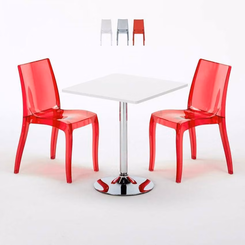 Tavolo quadrato bianco e 2 sedie colorate trasparenti Grand Soleil Cristal Light Titanium - Rosso trasparente