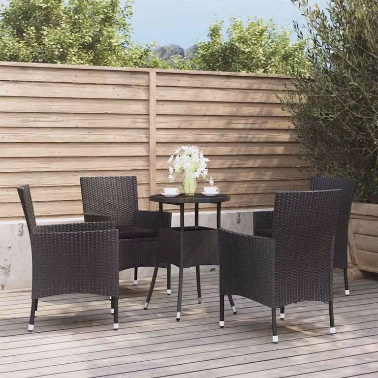 Set Bistrò da Giardino vidaXL in Polyrattan Nero con Cuscini e Tavolo in Vetro, 5 Pezzi