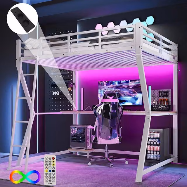 Letto a soppalco - Xylo - 140x200 cm bianco LED con USB