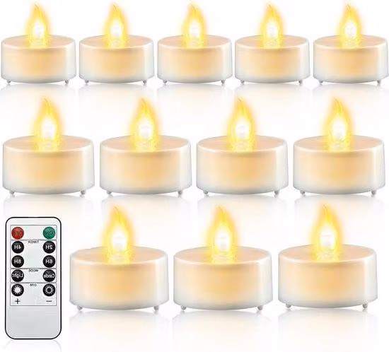 Luci a candela con timer e telecomando, senza fiamma, 24 pezzi, alimentate a batterie