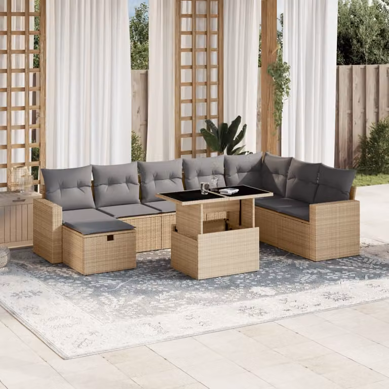 vidaXL Set Divano da Giardino a L 9 pz con Cuscini Beige e Tavolino da Caffè in Polyrattan e Metallo