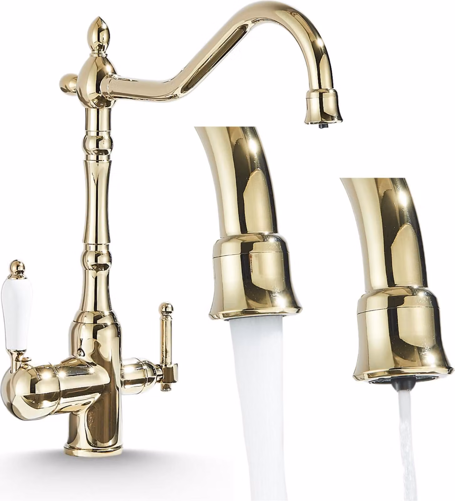 Rubinetto da cucina a 3 vie Ari Retro 2, beccuccio girevole 360 gradi, cartuccia in Vetroceramica, collegamento filtro acqua, oro lucido