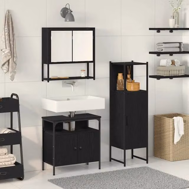 Set di mobili per il bagno moderno vidaXL in 3 pezzi nero opaco con armadietto a specchio, mobile lavabo e colonna alta in MDF
