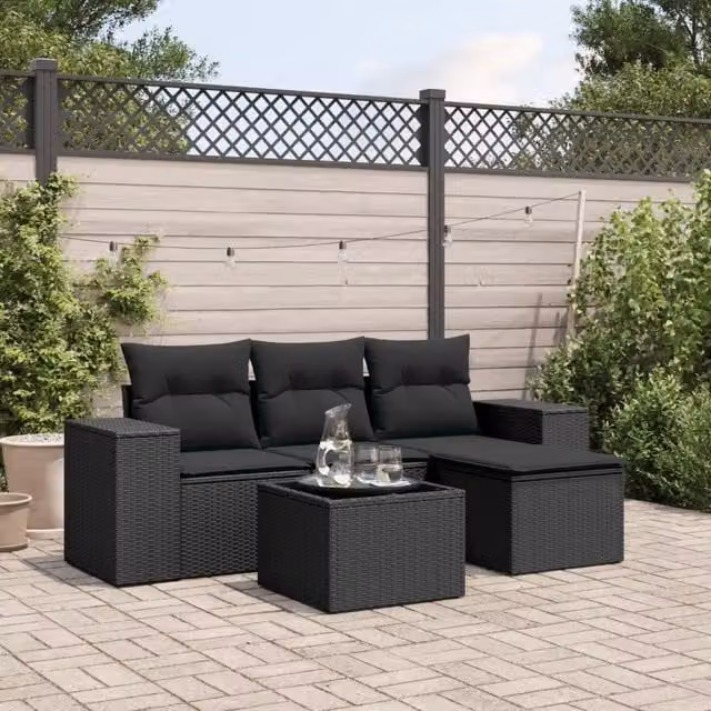 Set Divani da Giardino Moderno a L in Polyrattan Nero con Cuscini e Tavolino DESIGN IN