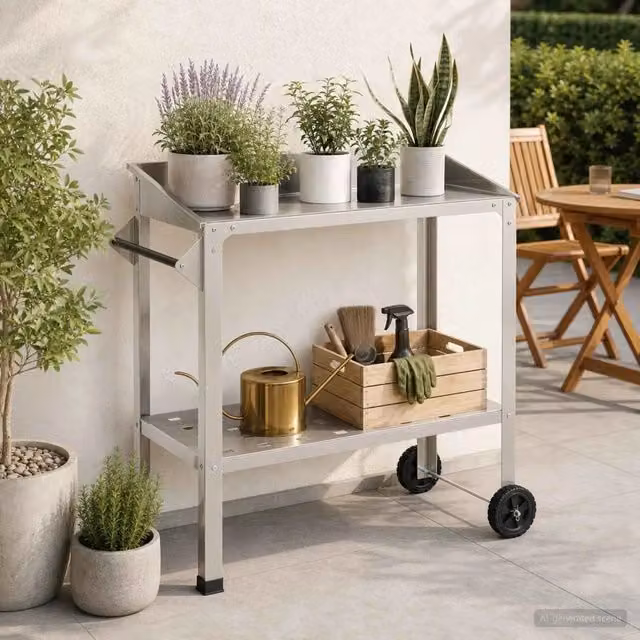 Tavolo da Vaso con Ruote 96 x 50 x 89 cm Acciaio Inox Argento 8014852