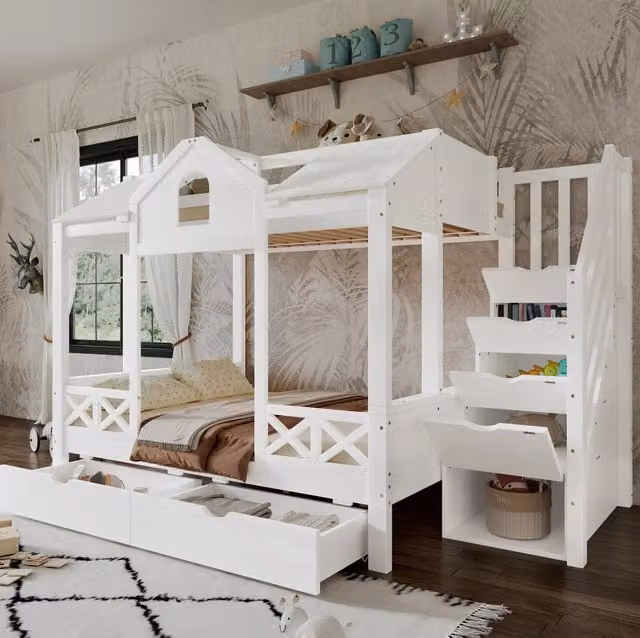 Etagenbett per bambini con 2 cassetti e scala contenitore; bianco; 90x200 cm e 140x200 cm