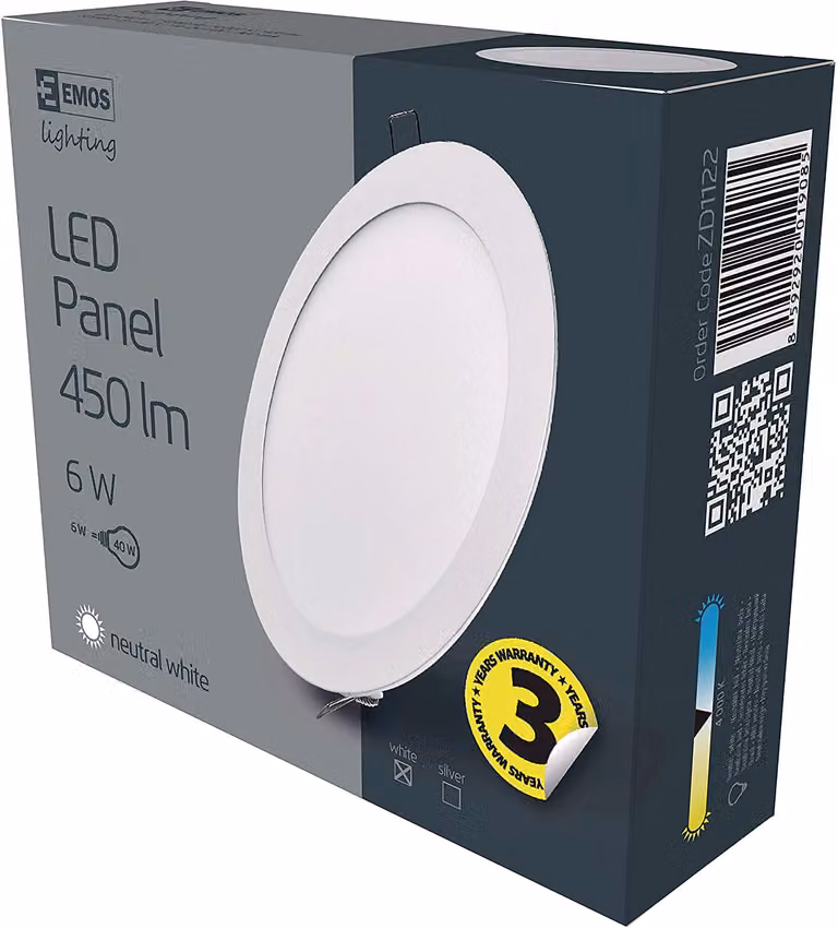 EMOS LED luce da incasso 6W rotonda, pannello LED extra piatto / faretto da incasso con driver, _ 120 mm, profondità di montaggio 21mm, sostituzione per lampadina 40W, colore luce bianco neutro 4000K, luminosità 450 lm