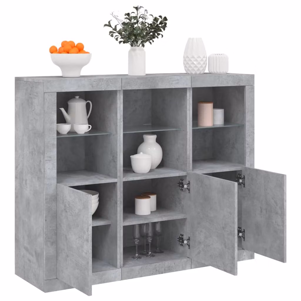 Set di 3 credenze moderne vidaXL con luci LED integrate in legno e MDF, colore grigio cemento