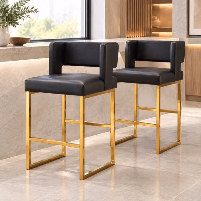 Set 2 sgabelli da bar 91,4 cm neri in PU, gambe metalliche oro