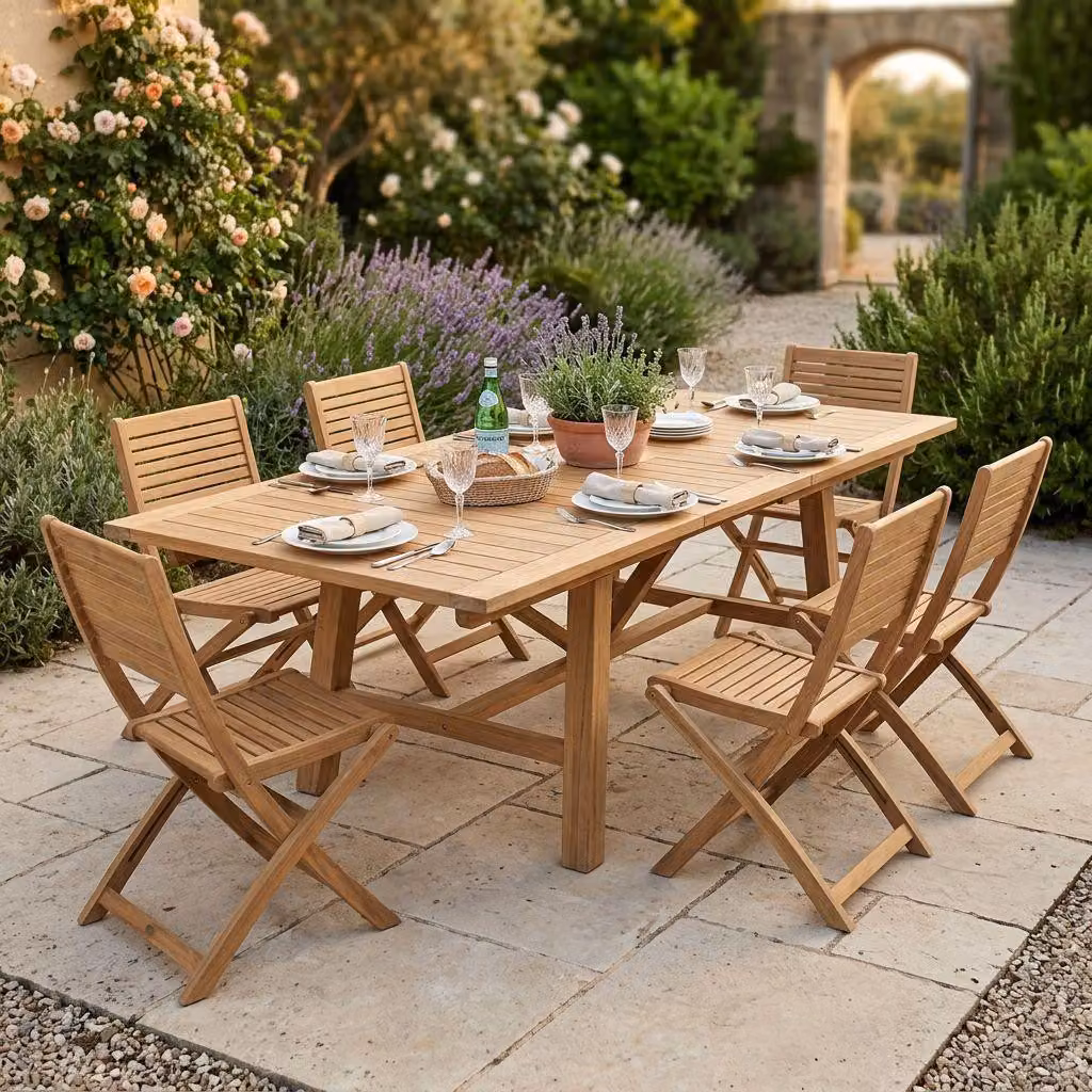 Milani Home - Set tavolo e sedie da giardino per esterno in legno resistente di teak cm 160/240x90x77 h con 6 sedute - Marrone