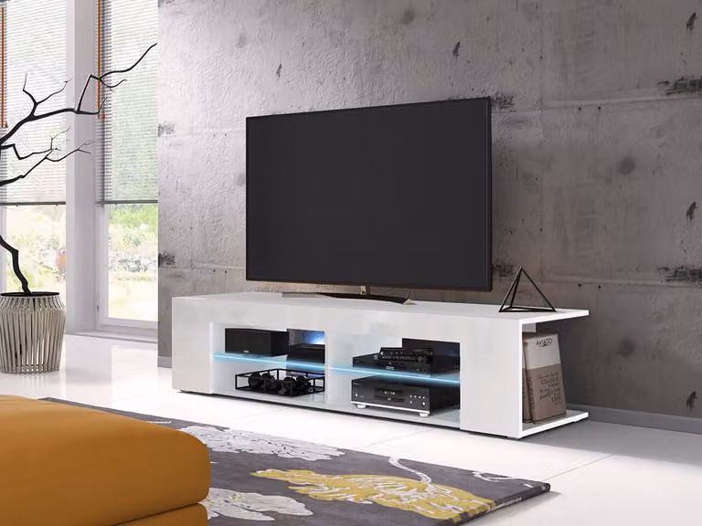 Tavolino per TV con illuminazione a LED KINSALE 1 - bianco / bianco lucido