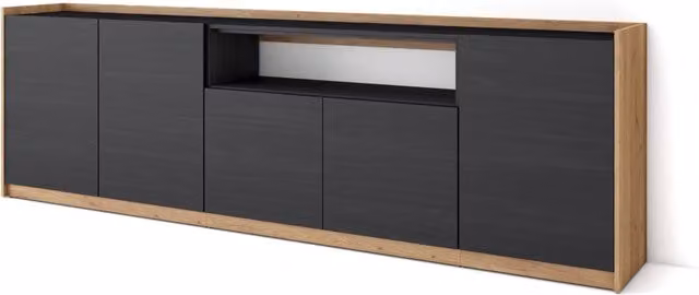 Credenza, Mobile, Cucina, 260x80x37 cm, 5 Porte, grande stoccaggio, Nero e rovere