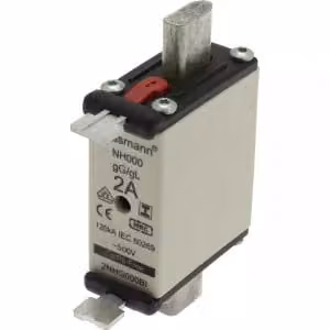 Inserto fusibile Eaton, bassa tensione, 2 A, CA 500 V, 120 kA, NH000, gL/gG, IEC, doppio indicatore di stato, linguetta isolata 2NHG000BI
