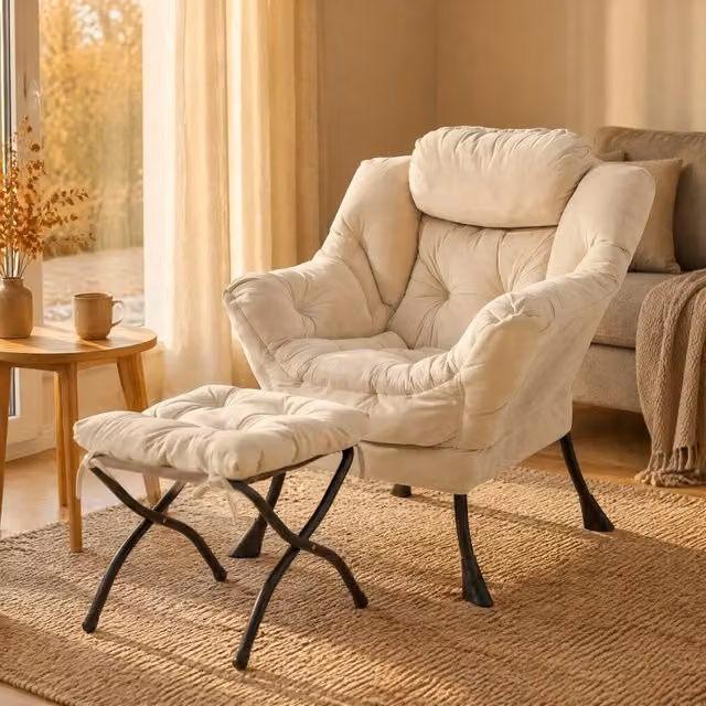 Poltrona relax MIVRAY con poggiapiedi pieghevole in tessuto beige, braccioli imbottiti e struttura in metallo – 1