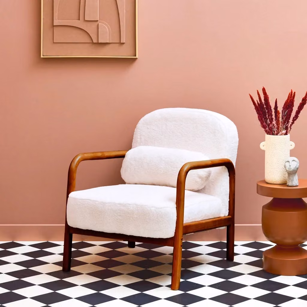 Poltrona lounge scandinava Sweeek in legno e tessuto marrone e bianco con braccioli – 2