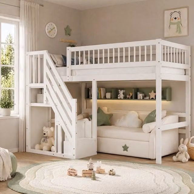 Letto a soppalco singolo MIVRAY in legno e MDF bianco con scala contenitore e scomparti laterali per bambini e ragazzi L/P/H: 200 x 90 x 173 cm – 1