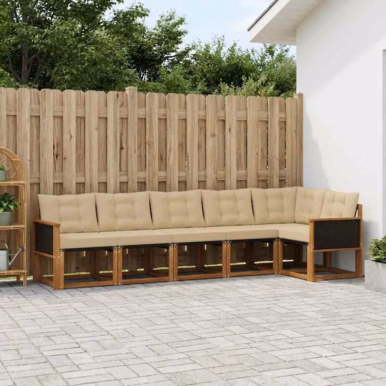 Set di divani da esterno vidaXL a forma di L composto da 6 pezzi in legno di acacia e tessuto textilene, colore beige e marrone con cuscini inclusi