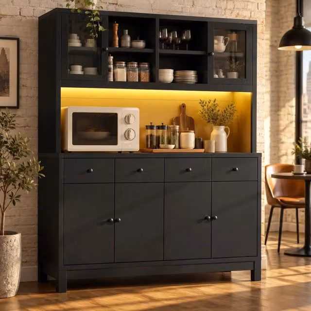 Credenza alta ULEVR 140x38,5x180 cm con LED RGB via app, ante in vetro e 4 cassetti, nera
