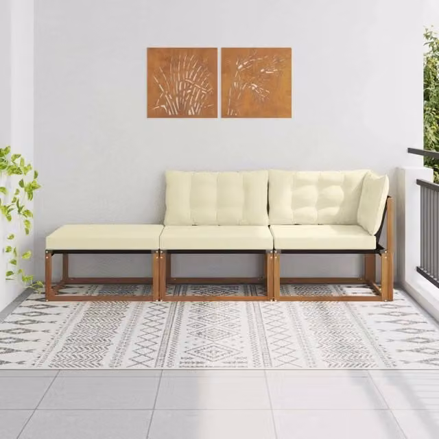 Set di divano componibile da esterno vidaXL in legno di acacia con pouf e cuscini beige
