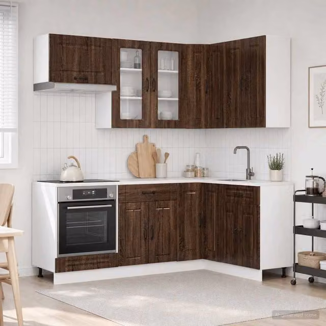 Unità Cucina KALMAR vidaXL 8 Pezzi Rovere Marrone in Legno MDF con Ante in Vetro e Scaffali Aperti