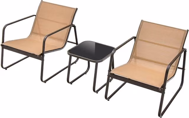 Set da conversazione da esterno 3 pezzi con tavolo in vetro quadrato e sedie in metallo marrone e nero – 1
