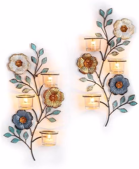 Set di 6 applique a parete in vetro – Decorazione vintage in metallo per soggiorno, bagno e camera da letto, con motivi floreali e a foglie