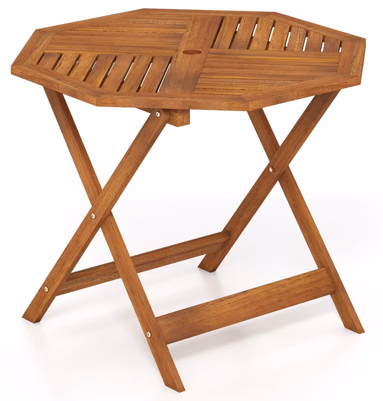 Tavolo da giardino COSTWAY resistente alle intemperie in legno, φ90 cm Tavolo in legno con foro per ombrellone, tavolo da balcone ottagonale, tavolo da pranzo per giardino, balcone, terrazza
