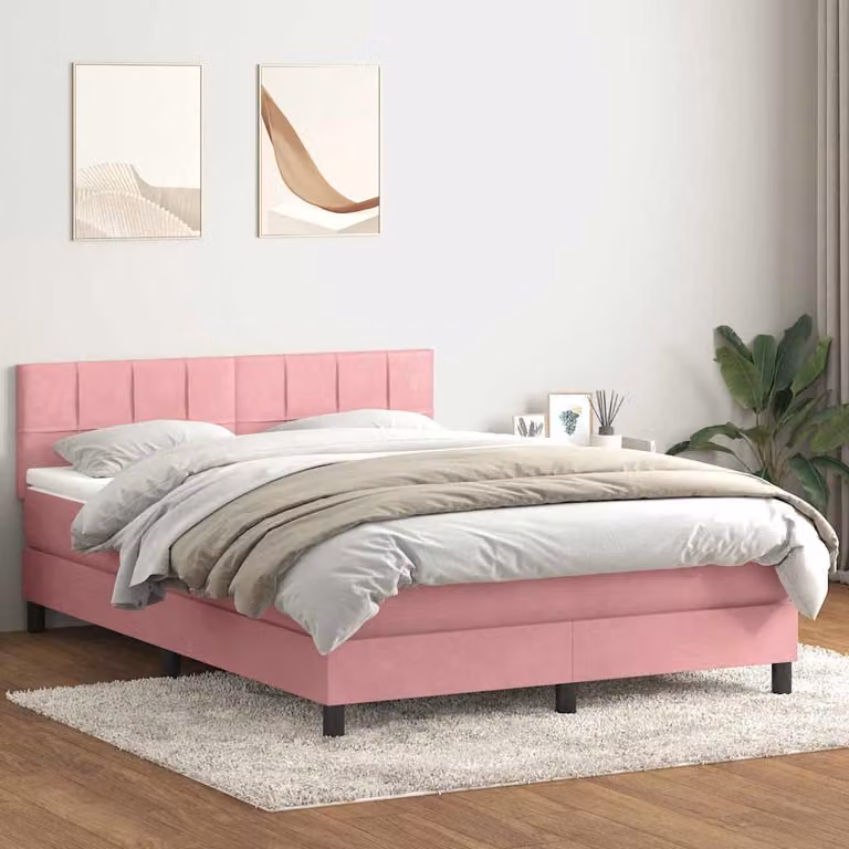 vidaXL Letto con Giroletto a Molle e Materasso Ibrido in Velluto Rosa e Bianco, L/P/H: 160 x 213 x 88 cm