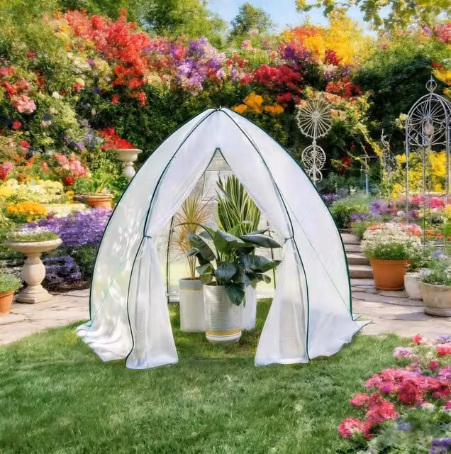 Serra da giardino a forma di teepee con struttura conica 240x200x240 cm in acciaio e telo PE bianco