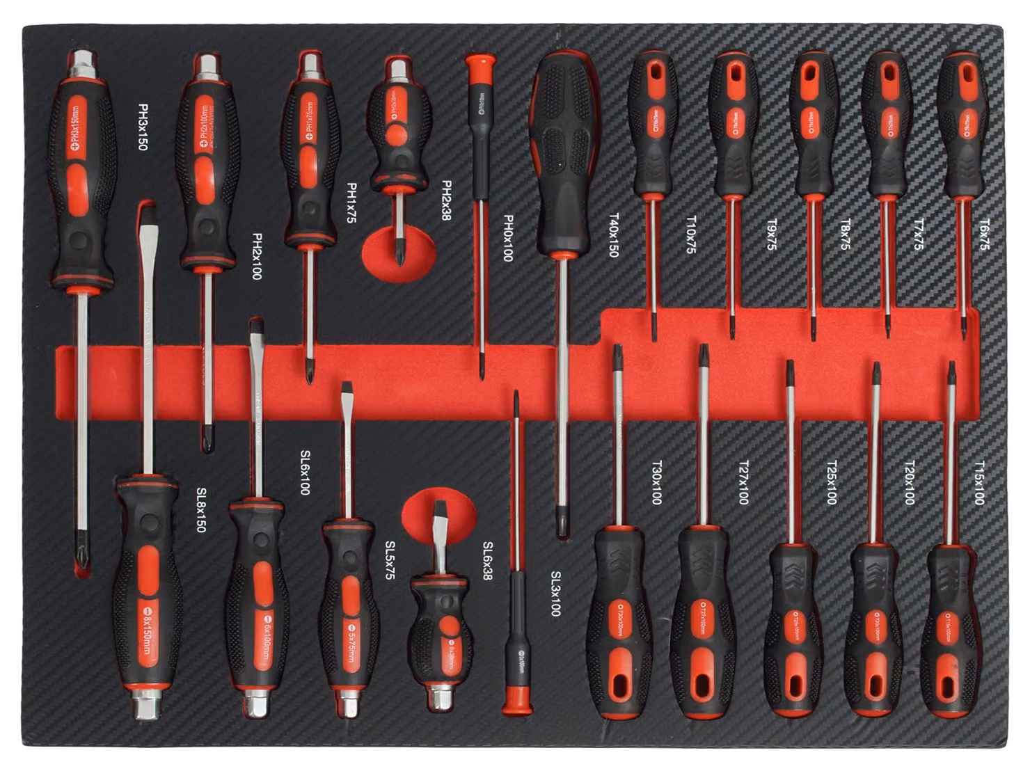 Set di utensili professionali per carrello da officina, 21 pezzi. Cacciaviti e utensili da meccanico, 51x40x4 cm, rosso