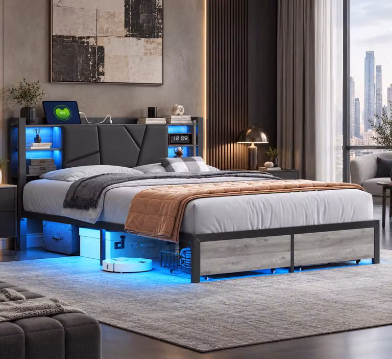 Letto matrimoniale in metallo imbottito, dimensioni 140x200, con illuminazione a LED e funzione di ricarica USB, dotato di testiera, spazio contenitivo e 2 cassetti, rivestito in PU, colore nero