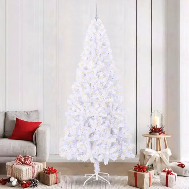 Albero di Natale artificiale moderno vidaXL bianco con luci LED bianco caldo in PVC e metallo, Altezza: 240 cm