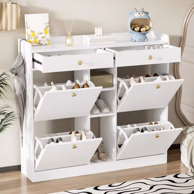 Scarpiera Bianca 110×26×100 cm con 4 Ante a Ribalta; 2 Cassetti e 3 Vani Aperti; Mobile Ingresso Salvaspazio