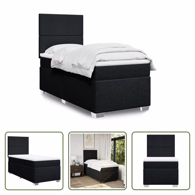The Living Store Letto a molle con materasso nero 90x190 cm in tessuto