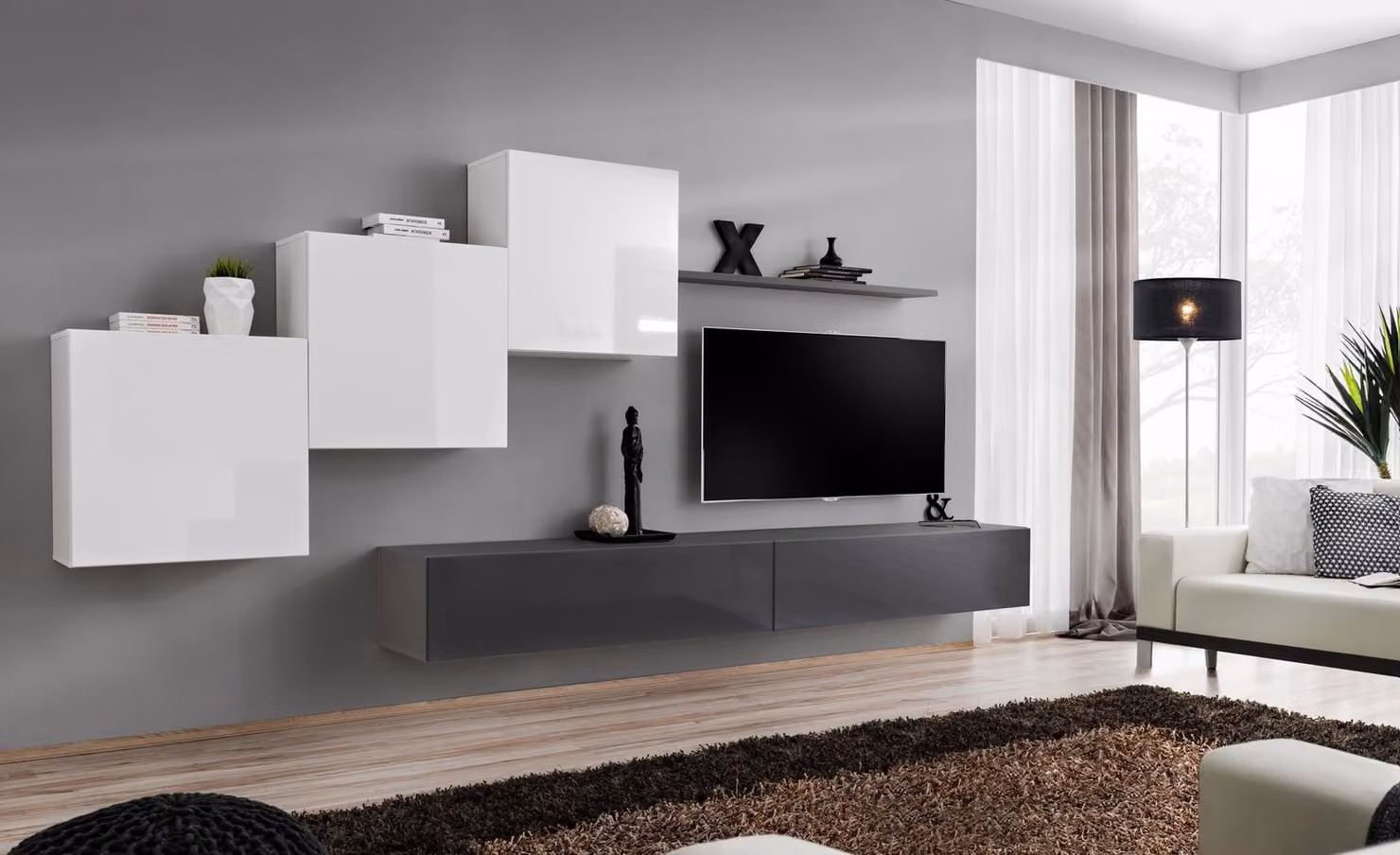 Designer Wohnwand Grau TV Ständer Moderne Sideboard Wandregal TV Ständer