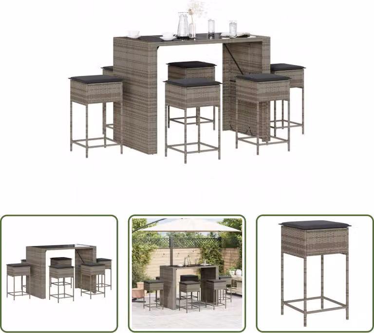The Living Store Set bar da giardino 7 pezzi con cuscini in poly rattan grigio