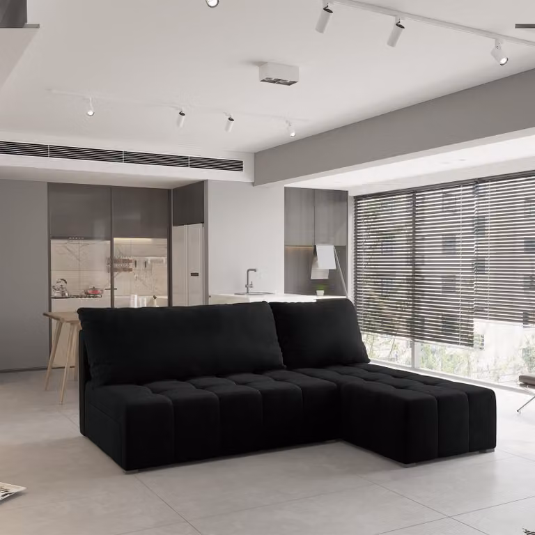 Divano angolare DOMIRA di Masseno con funzione letto a L, divano con box letto, divano da soggiorno, divano, divano letto, set di divani - nero, KRONOS 07
