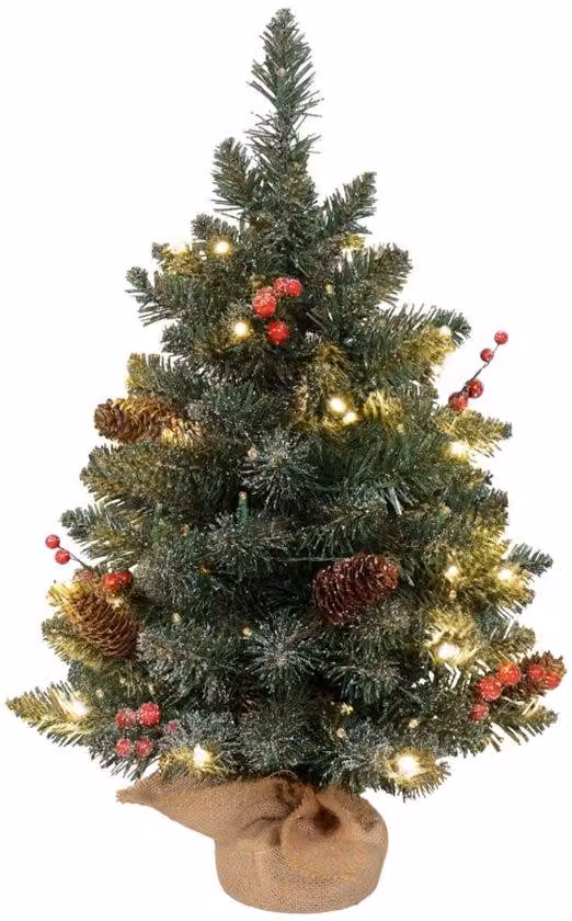 Albero di candele con illuminazione a LED, 60 cm, pigne e bacche rosse, base inclusa, verde/bianco