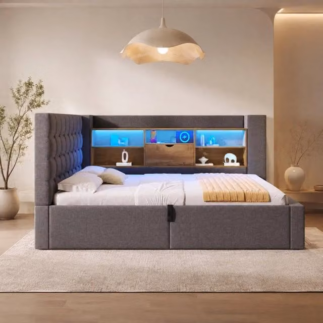 Letto contenitore ULEVR 140x190 cm con testiera a L reversibile, LED, USB e USB-C, lino grigio