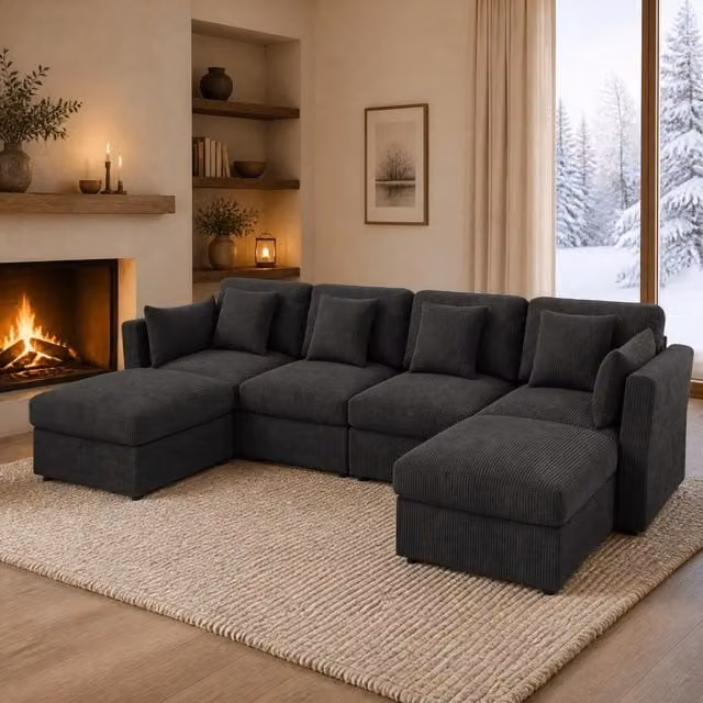 Divano angolare modulare REDOM in tessuto grigio con pouf coordinato e cuscini, L/P/H: 290 x 159,5 x 89 cm