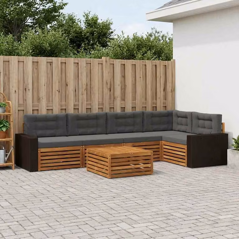 Set di divani da esterno vidaXL a forma di L composto da 6 pezzi con tavolino, in legno di acacia e tessuto resistente ai raggi UV, colori beige, antracite e marrone