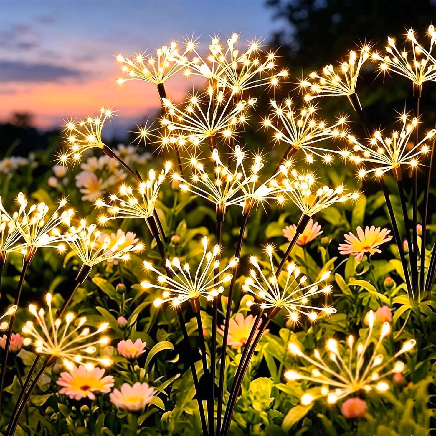 Set di 2 lampade solari, tecnologia LED, design a forma di tarassaco, 8 modalità, resistenti alle intemperie, luce bianco caldo