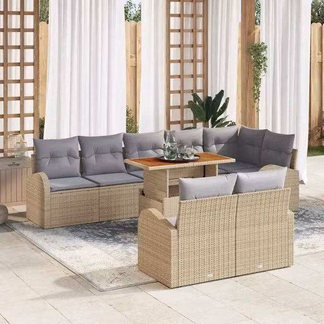 vidaXL Set Divano da Giardino a Forma di U in Rattan Beige con Cuscini e Tavolino da Caffè – 1