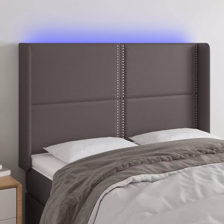 Testiera per letto con illuminazione LED e porta di ricarica USB vidaXL in similpelle grigia, L: 147 cm, P: 16 cm, H: 118-128 cm