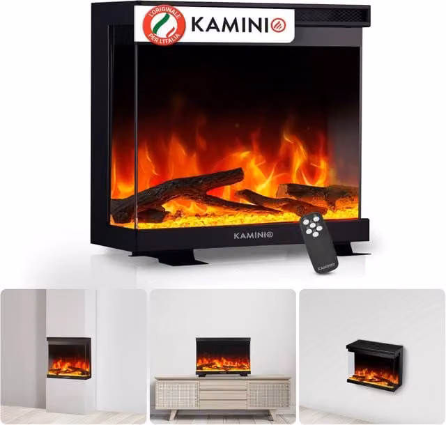 KAMINIO Camino elettrico LEA - Camino 3 in 1 con vista panoramica, riscaldamento, effetto fiamma, 12 colori delle fiamme, telecomando - 24 pollici